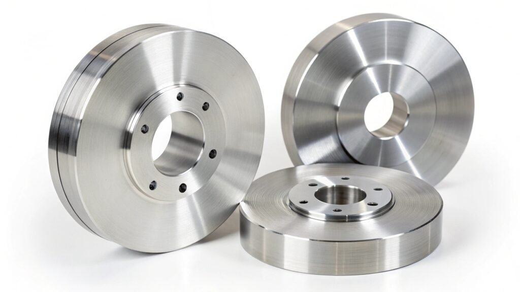 A stack of freshly forged 6061 aluminum discs in a warehouse, ready for machining.